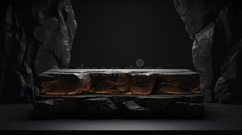 Soporte de podio de piedra de mármol gris oscuro y plano para la exposición de productos cosméticos entre las rocas. red neural ai fotos de archivo