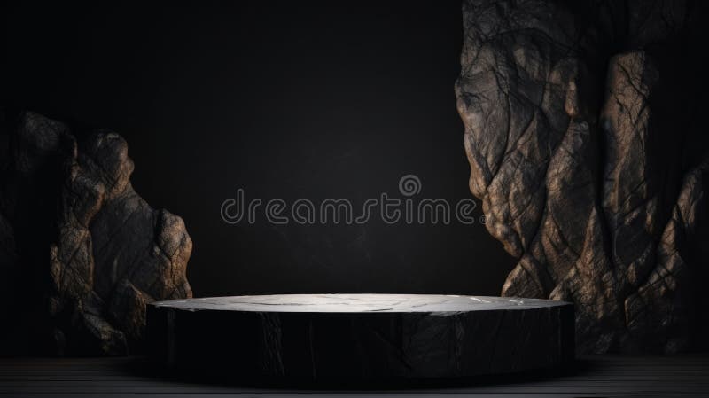 Soporte de podio de piedra de mármol gris oscuro y plano para la exposición de productos cosméticos entre las rocas. red neural ai imágenes de archivo libres de regalías