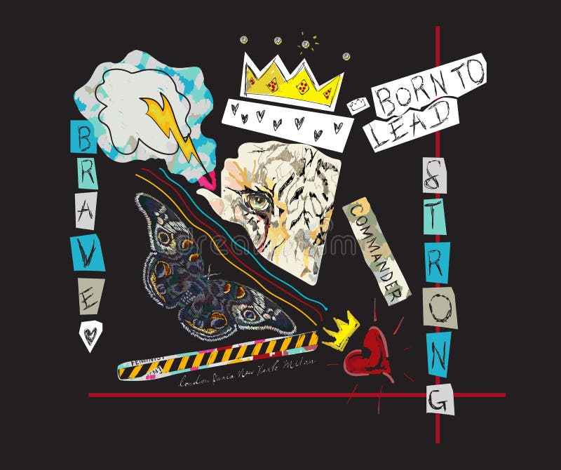 Sopportato condurre slogan con la tigre, la corona e la farfalla Vector il collage di Pop art per la maglietta e la progettazione royalty illustrazione gratis Sopportato condurre slogan con la tigre, la corona e la farfalla Vector il collage di Pop art per la maglietta e la progettazione royalty illustrazione gratis