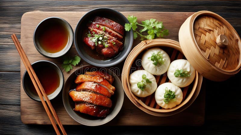 Sopra sopra il cibo cantonese, con char siu arrostito panini di anatra e tè royalty illustrazione gratis