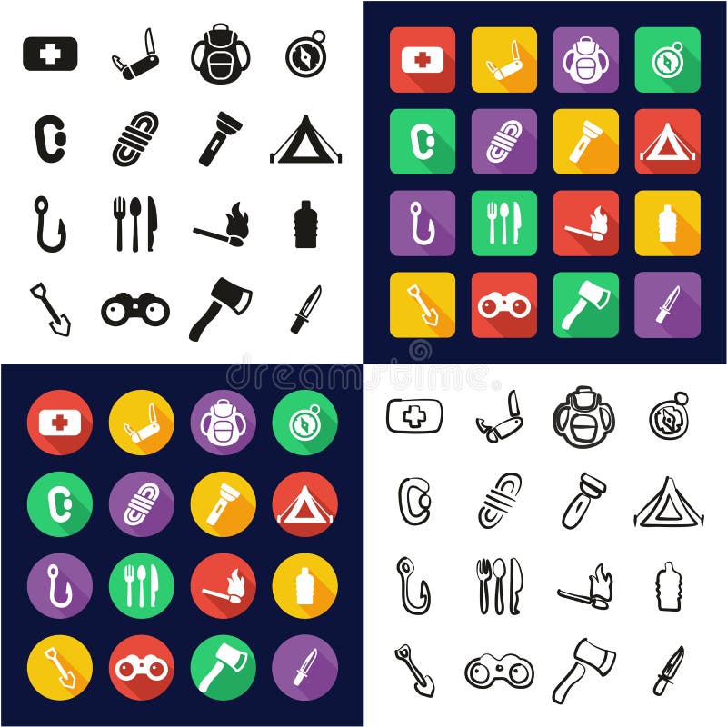 Sopravvivenza Kit All in un insieme a mano libera di progettazione piana bianca e nera di colore delle icone royalty illustrazione gratis Sopravvivenza Kit All in un insieme a mano libera di progettazione piana bianca e nera di colore delle icone royalty illustrazione gratis