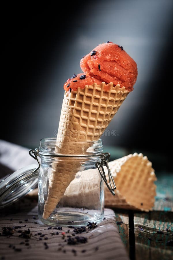 Sorbet in Waffle Cones on a Wooden Table. Stock Image Image of