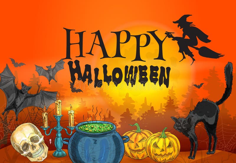 Sorcellerie de Halloween et scène heureuses d'horreur illustration libre de droits Sorcellerie de Halloween et scène heureuses d'horreur illustration libre de droits