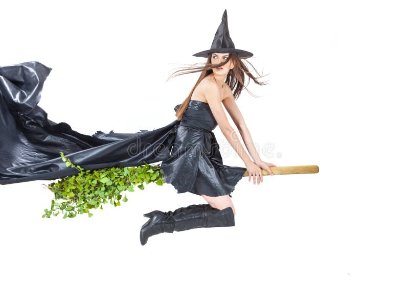 Eco witch flying on her eco broom. Eco witch flying on her eco broom