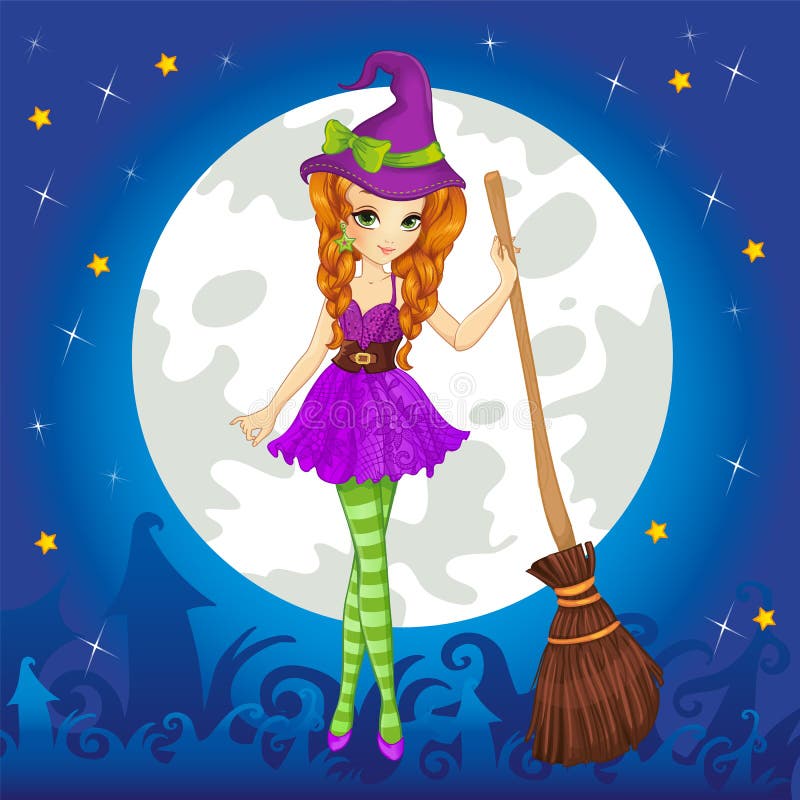 Beautiful witch with a broom standing on Halloween sky background. Beautiful witch with a broom standing on Halloween sky background