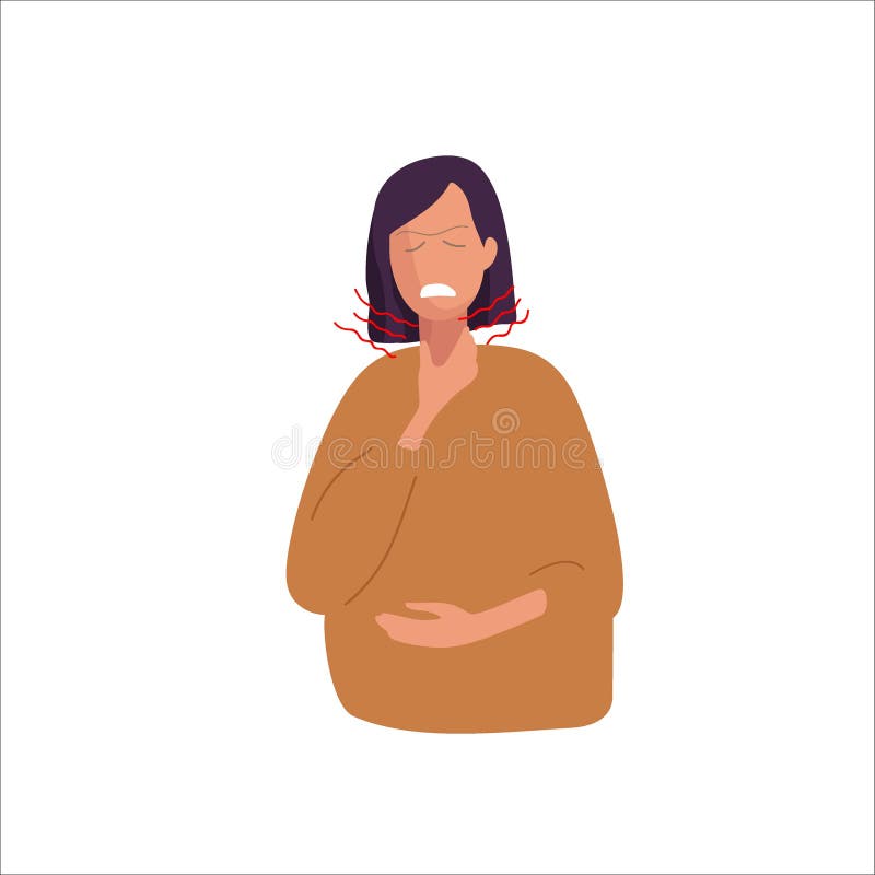 Sore Throat. Suffering from pain. Woman holding her inflamed throat. Girl's throat hurts. Flu, Viral Infection royalty free illustration