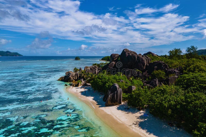 Anse Source d&#x27;Argent beach, La Digue Island, Seychelles, Drone aerial view of La Digue Seychelles bird eye view.of tropical island. Anse Source d&#x27;Argent beach, La Digue Island, Seychelles, Drone aerial view of La Digue Seychelles bird eye view.of tropical island