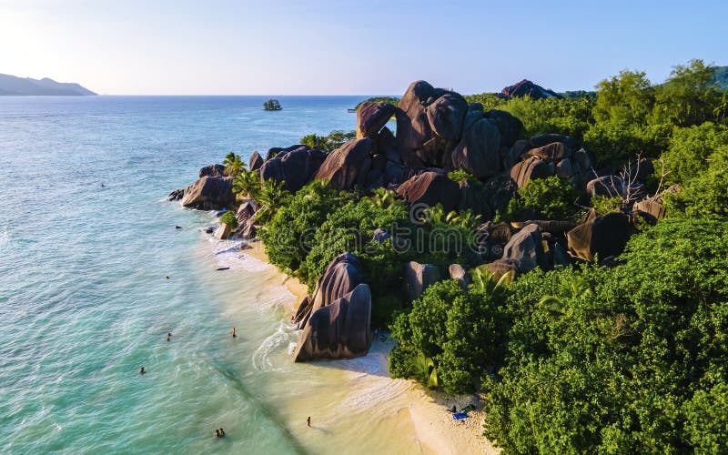 Anse Source d&#x27;Argent beach, La Digue Island, Seyshelles, Drone aerial view of La Digue Seychelles bird eye view.of tropical Island. Anse Source d&#x27;Argent beach, La Digue Island, Seyshelles, Drone aerial view of La Digue Seychelles bird eye view.of tropical Island