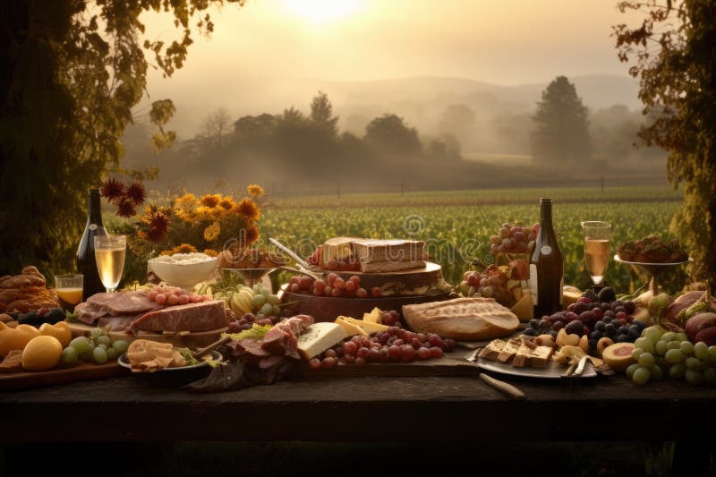 Sorgere di sole. prosperità della fattoria. campo di raccolta. orizzonte. tavola di legno di cucina con abbondante frutta ortaggi royalty illustrazione gratis