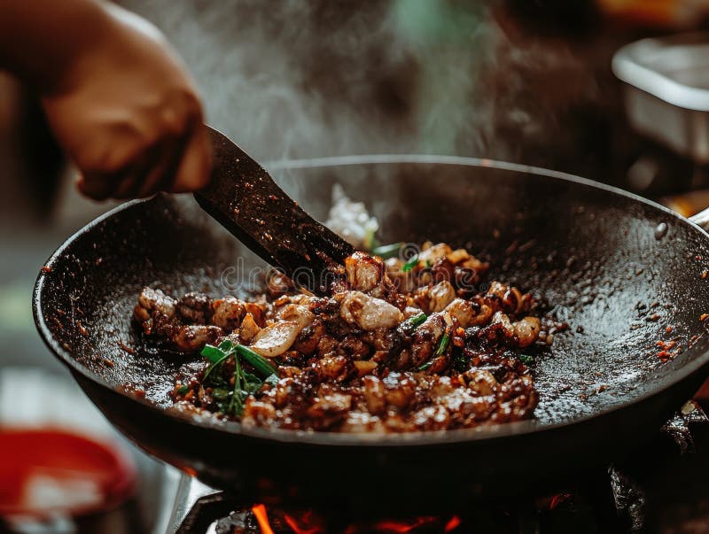 Sorgfältige, würzige Hühnermischung frisch gekocht in einem warmen Wok mit Kräutern lizenzfreie abbildung