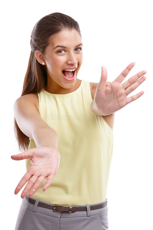 Sorpresa emocionada y retrato de mujer en estudio por ganar premio o buenas noticias con competencia. palma feliz y foto de archivo
