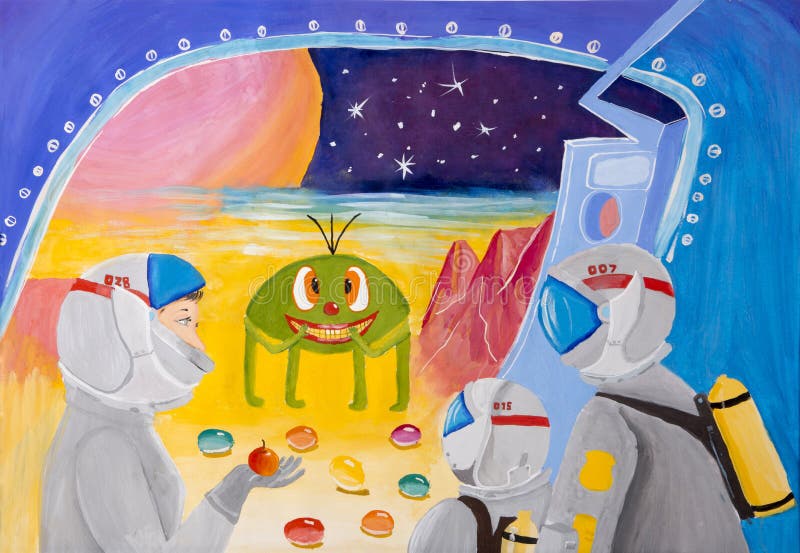 Sorriso del ` del disegno del ` s dei bambini da un ` distante del pianeta royalty illustrazione gratis Sorriso del ` del disegno del ` s dei bambini da un ` distante del pianeta royalty illustrazione gratis