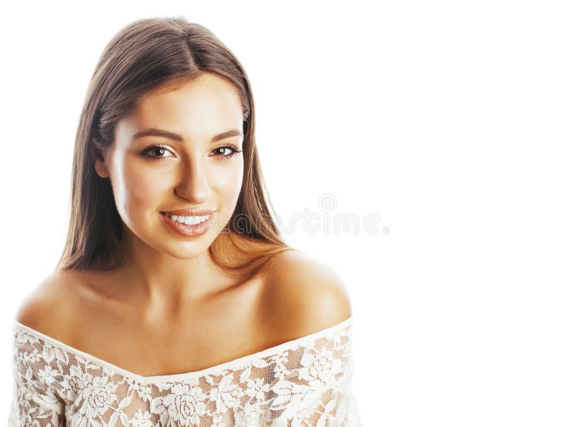 Sorriso feliz da mulher bonita nova do cabelo louro isolado em b branco fotografia de stock Sorriso feliz da mulher bonita nova do cabelo louro isolado em b branco fotografia de stock