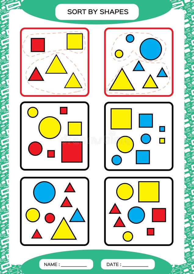 sort by shapes sorting game group by shapes square circle triangle special sorter for preschool kids worksheet stock vector illustration of learning group 125403247
