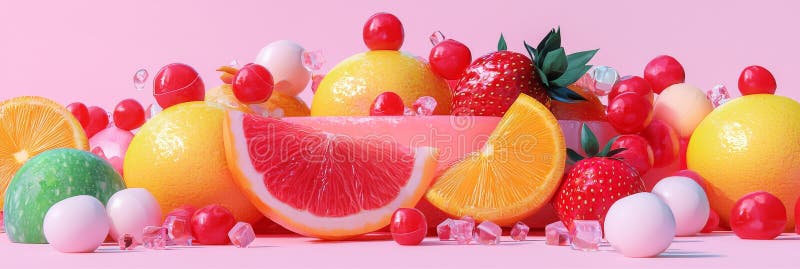 Sortarea fructelor colorate pe fond roz, în stare delicioasă, proaspete stock illustration