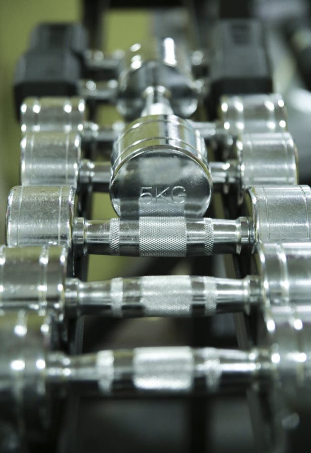 Sorted Chrome Plated Weights from Five Kilograms in the Gym. Stock