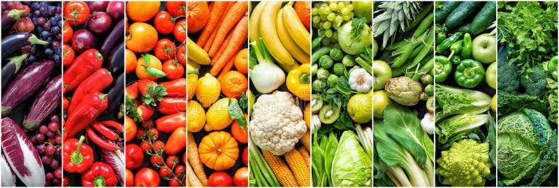 Panoramic food background with assortment of fresh organic fruits and vegetables in rainbow colors. Panoramic food background with assortment of fresh organic fruits and vegetables in rainbow colors