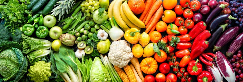 Panoramic food background with assortment of fresh organic fruits and vegetables in rainbow colors. Panoramic food background with assortment of fresh organic fruits and vegetables in rainbow colors