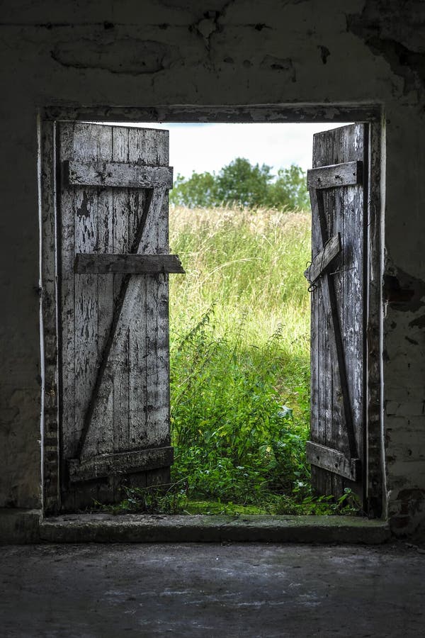 Open wood door in abandoned house. Green sunny meadow outside. Open wood door in abandoned house. Green sunny meadow outside.
