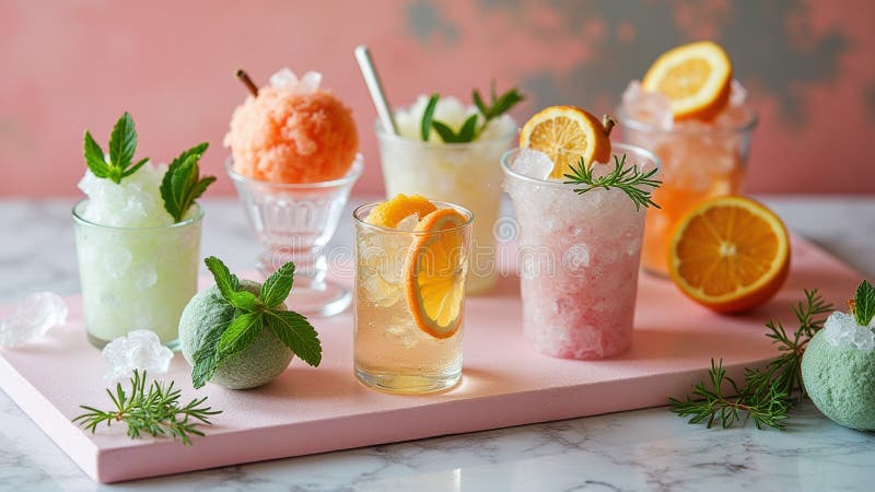 Sortido de bebidas refrescantes com citrinos e hortelã na superfície do mármore imagem de stock
