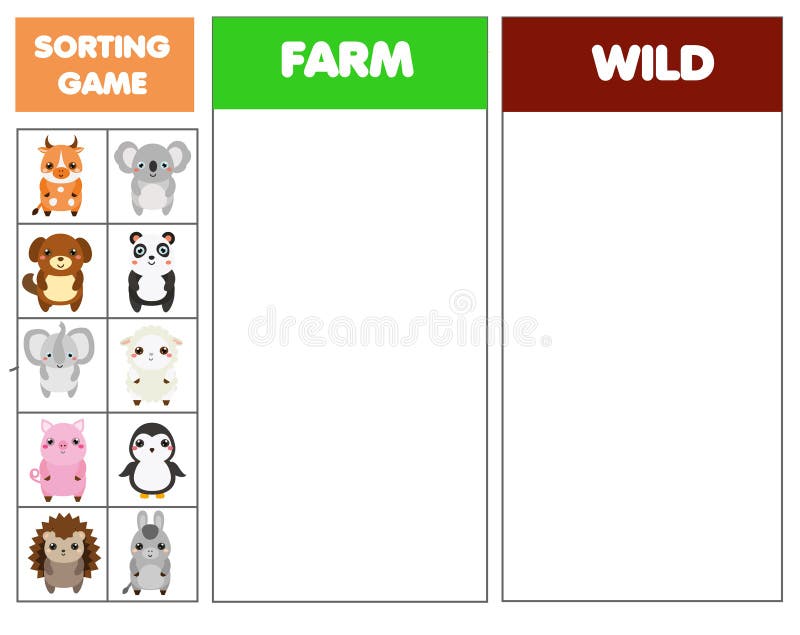 Sorting Educational Children Game. Match Farm and Wild Animals. Sorter  Activity for Kids Stock Vector - Illustration of preschool, development:  209471120