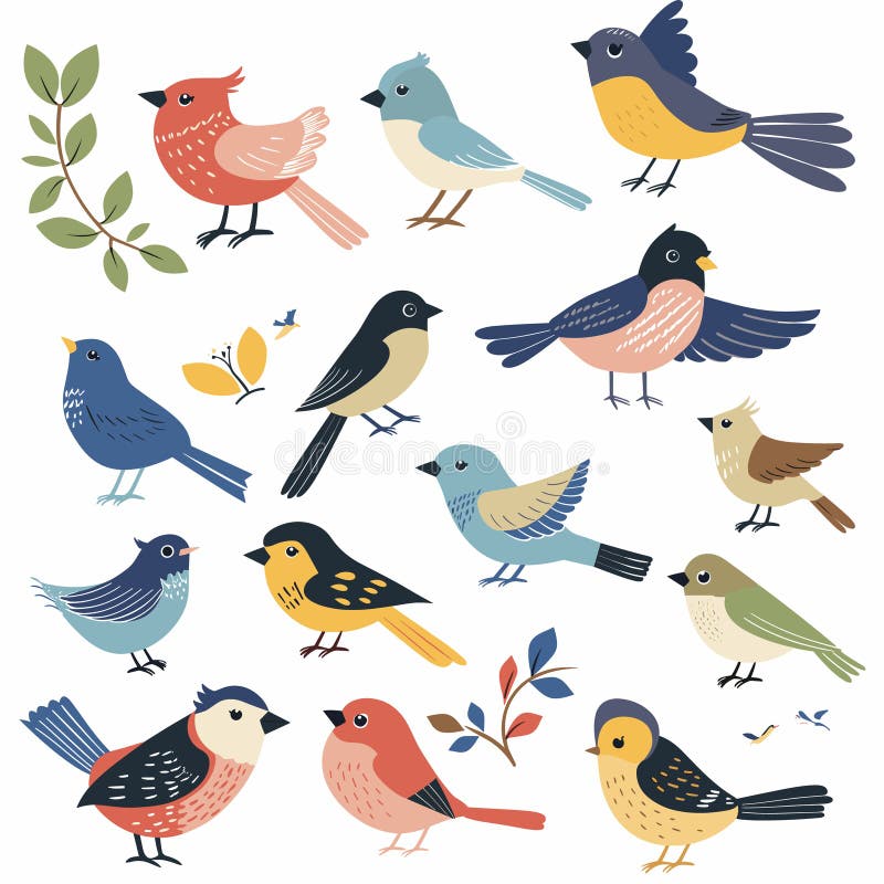 Sortrörsfärgade tecknade fåglar olika arter foliage. samling söta platta sånggfåglar vektor illustrationer