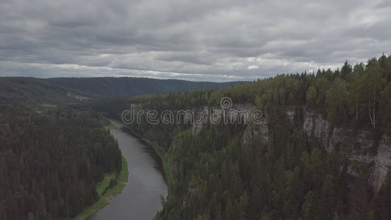 Sorvolare il bello fiume della montagna e la bella clip della foresta Vista aerea del fiume mistico ad alba con nebbia fotografia stock Sorvolare il bello fiume della montagna e la bella clip della foresta Vista aerea del fiume mistico ad alba con nebbia fotografia stock
