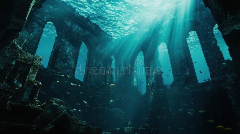 Sotto le onde : Esplorare le macerie misteriose sott'acqua con pesci e conchiglie di luce illustrazione di stock