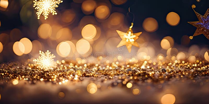 In sottofondo le decorazioni natalizie delle particelle di bokeh e di glitter d'oro. illustrazione di stock