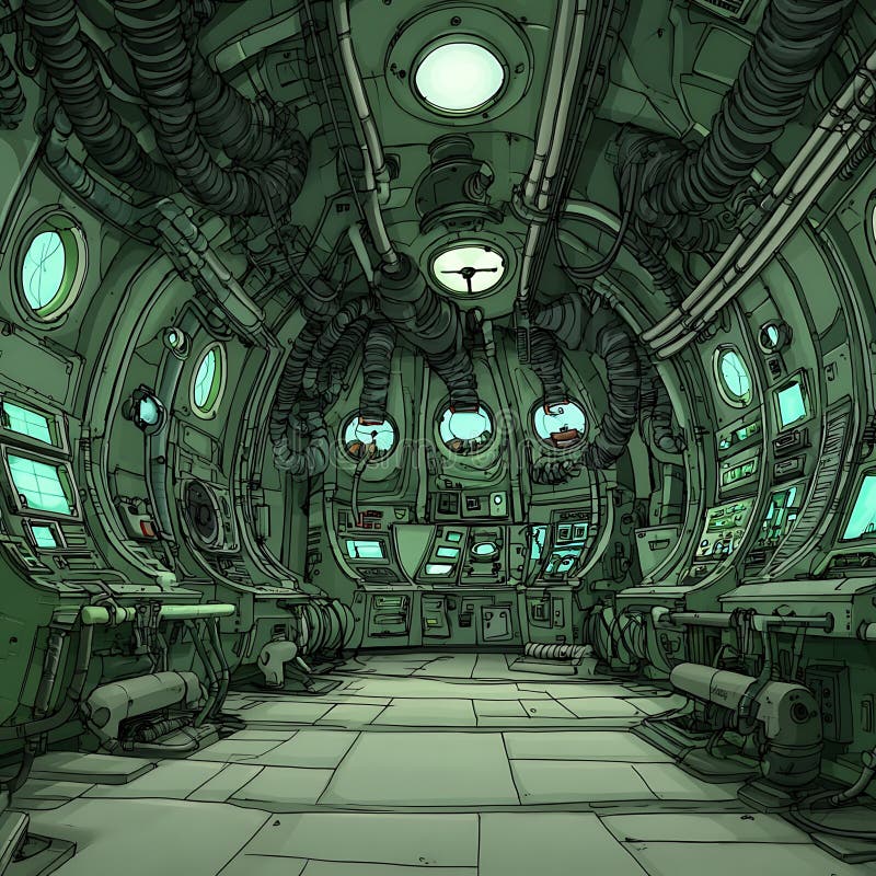 Sottomarino futuristico Interno Illustrazione dettagliata di una sala di controllo delle navi SciFi royalty illustrazione gratis