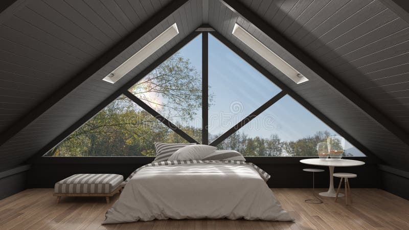 Sottotetto classico del mezzanino con la grande finestra panoramica, camera da letto, summe fotografia stock libera da diritti Sottotetto classico del mezzanino con la grande finestra panoramica, camera da letto, summe fotografia stock libera da diritti