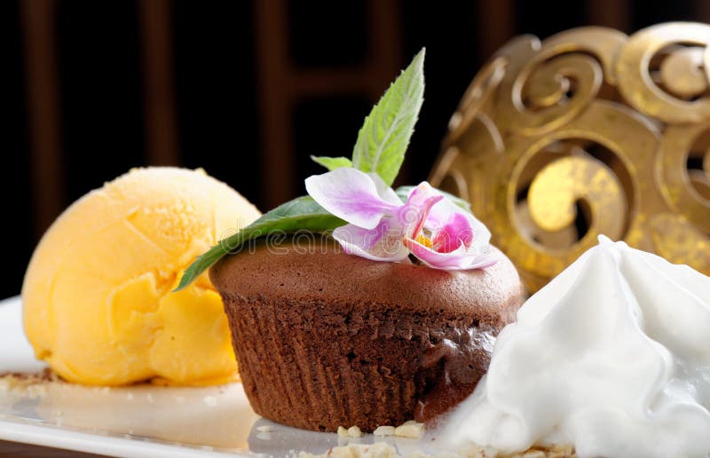 Soufflé de chocolate com gelado de manga fotos de stock royalty free