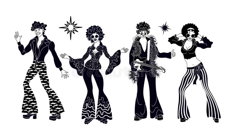 Soul Party Time. Dancers of soul silhouette funk or disco.People in 1980s, eighties style clothes dancing vector illustration Soul Party Time. Dancers of soul silhouette funk or disco.People in 1980s, eighties style clothes dancing vector illustration