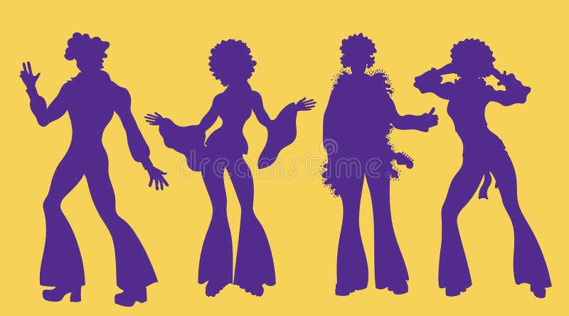 Soul Party Time. Dancers of soul silhouette funk or disco.People in 1980s, eighties style clothes dancing disco, cartoon vector illustration on yellow.Men and women in 80s style clothing