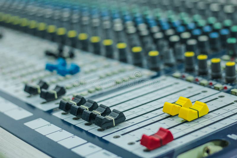 Sound Check for the Concert. Mixer Control. Music Engineer. Buttons and