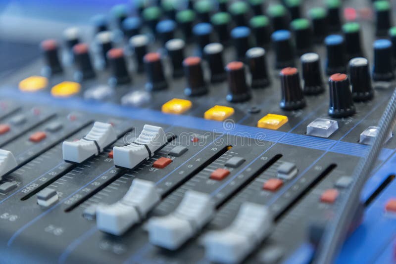 Sound control slide button is opening on DJ sound mixer stock photography