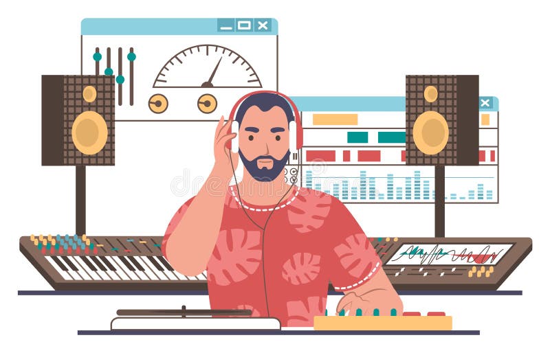 Sound designer, engineer, editor creating music in studio, flat vector illustration. Sound and music recording, mixing. stock illustration