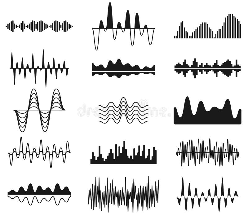 Sound frequency waves. Analog curved signal symbols. Audio track music equalizer forms, soundwaves signals vector set