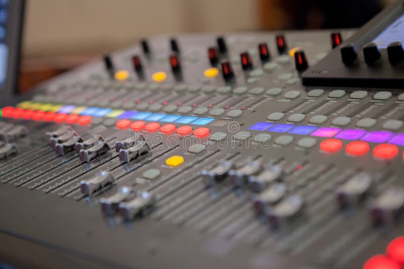 Sound Recording Studio Mixing Desk. Music Mixer Control Panel Stock