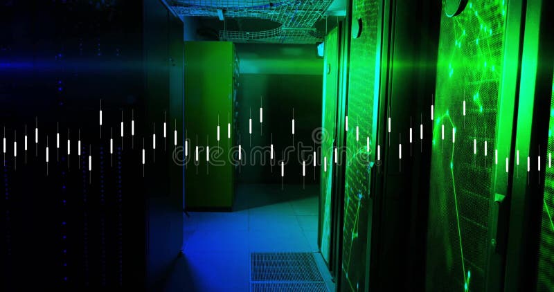 Sound wave animation over server room with green and blue lighting stock video
