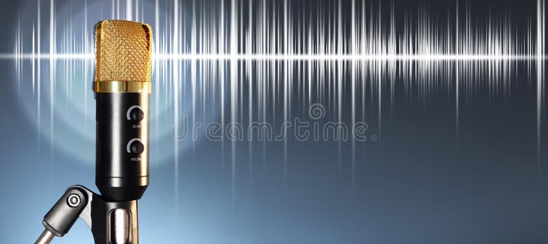 Sound wave and microphone on grey gradient background. Banner design royalty free stock photos