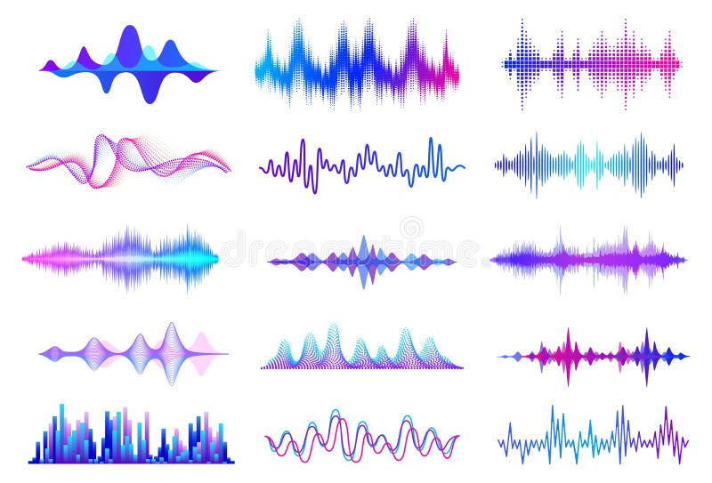 Sound waves. Frequency audio waveform, music wave HUD interface elements, voice graph signal. Vector audio wave