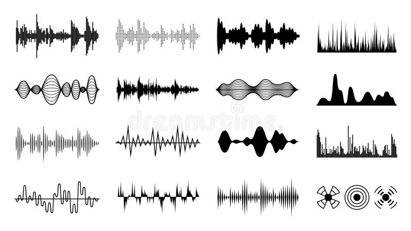 Sound waves set. Black digital radio musical wave. Audio soundtrack shapes. Player pulse forms isolated vector set vector illustration