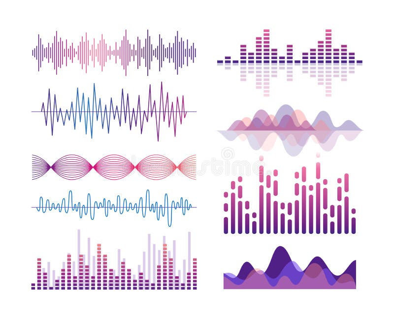 Sound waves vector color illustrations set. Audio effects visualization. Music player equalizer. Song, voice vibration vector illustration
