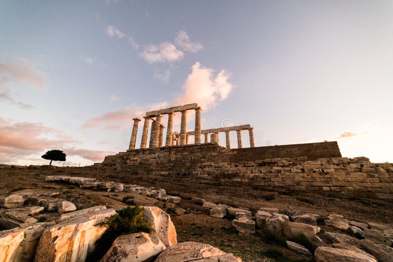 Sounion Temple De Poseidon En Grèce Heure Dor De Coucher