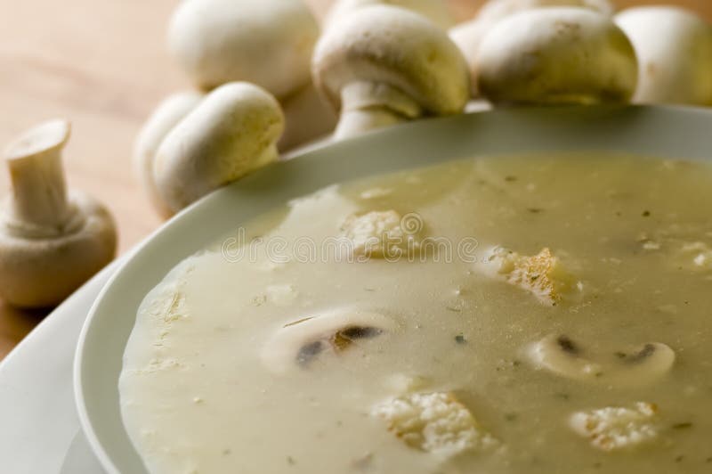 White mushroom soup on a plate close up