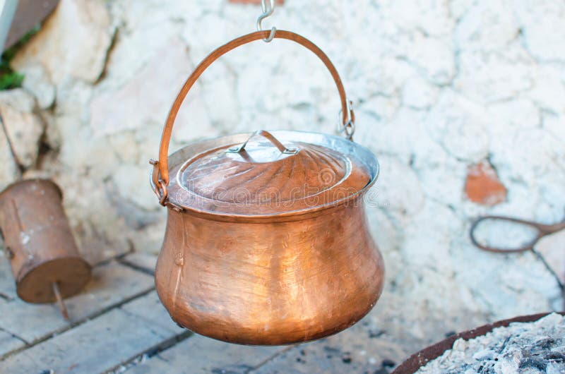 Soup in old copper kettle