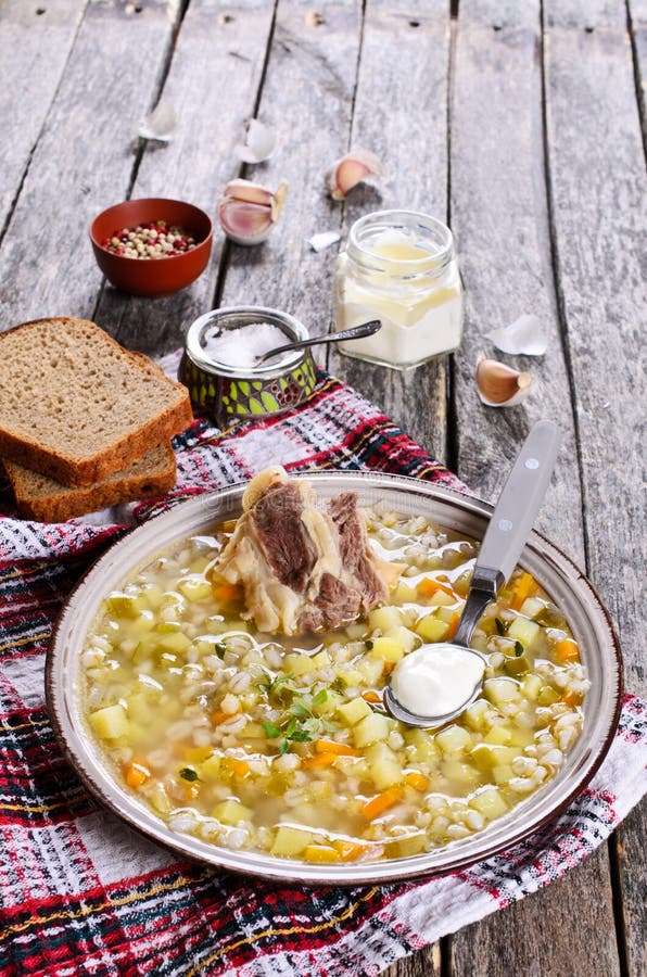 Soup with Pearl Barley and Meat Stock Photo - Image of bread, healthy ...