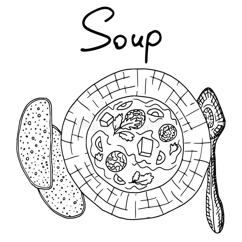 Soup in a Plate Sketch Drawing. New Vector Stock Stock Illustration