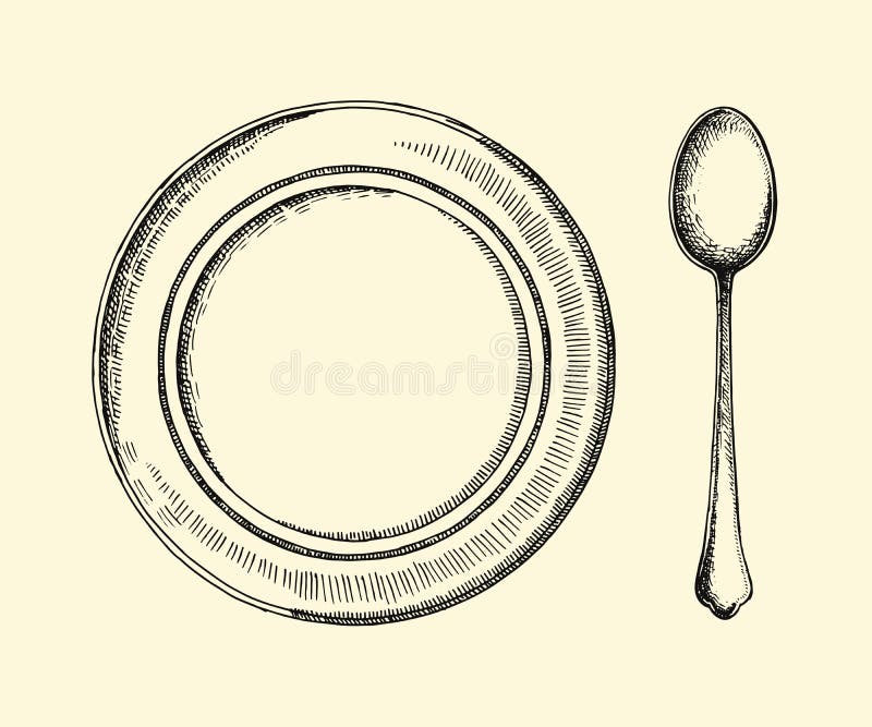 Soup Plate and Spoon. Cutlery Vector Retro Illustration of a Hand